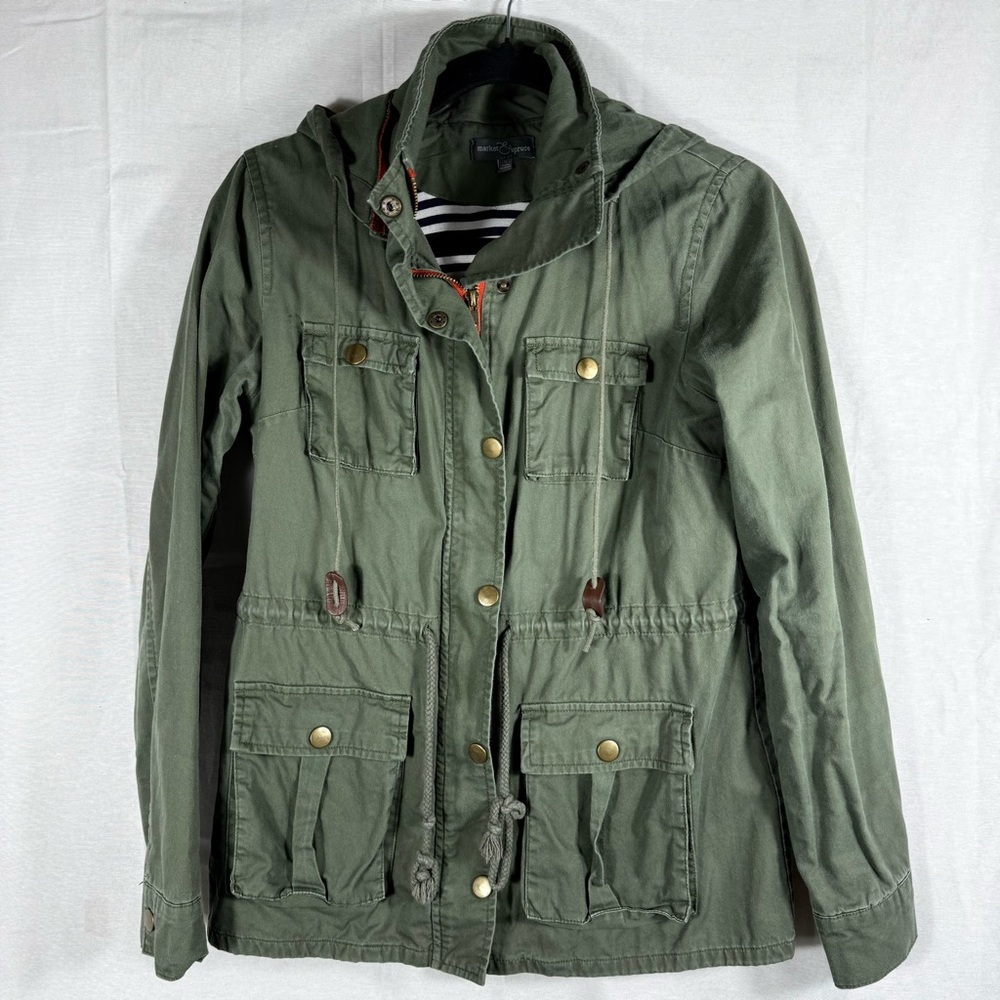 Market &‎ Spruce Womens Green Utility Jacket Removable Hood Adjustable Waist Sm